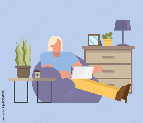 blond man with laptop working on puf from home vector design