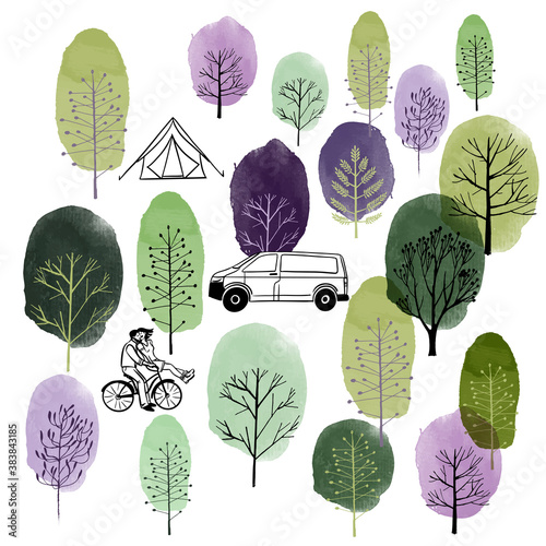 Van life poster. Watercolor ansd sketch vector illustration.
