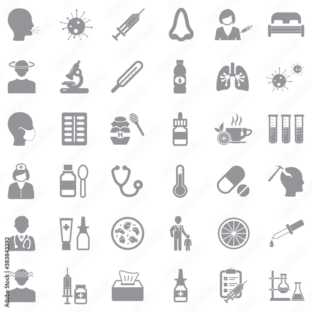 Flu Icons. Gray Flat Design. Vector Illustration.