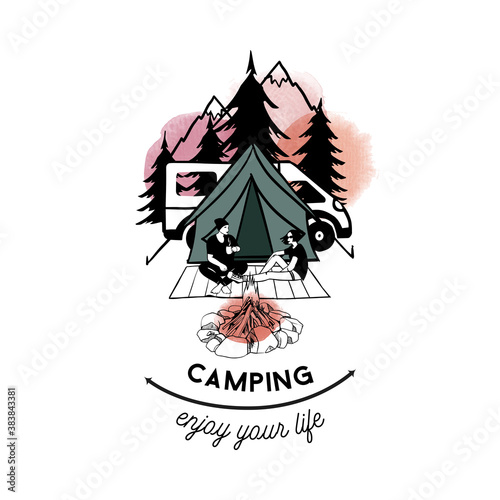 Van life poster. Watercolor ansd sketch vector illustration.