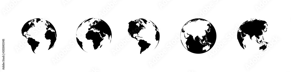 Earth globe collection. Earth vector icons. World map in flat design. Earth globes, isolated. World maps for web design. Vector illustration