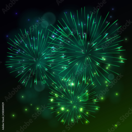 Salute, Festive Fireworks on black Background. Celebrating Christmas, New Year, National Holidays Concept. Vector Illustration.