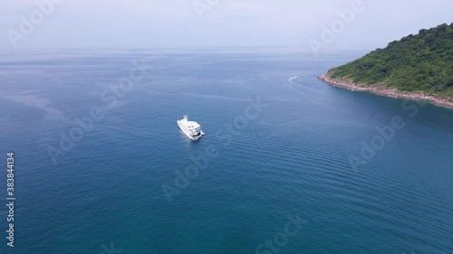 Aerial top down view footage of clear turquoise blue ocean water of Redang Island in Terengganu Malaysia
