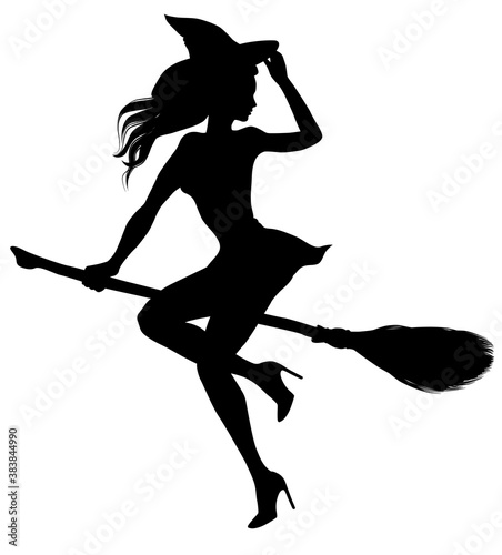 Silhouette of young beautiful sexy witch flying on a broomstick. Pretty woman with fluttering hair wearing witches hat sitting on a besom. Vector silhouette for Halloween design.