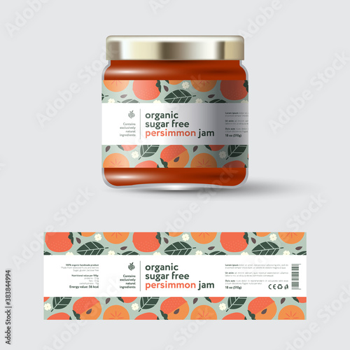 Persimmon Jam label and packaging. Jar with cap with label. White strip with text and on seamless pattern with fruits, flowers and leaves.