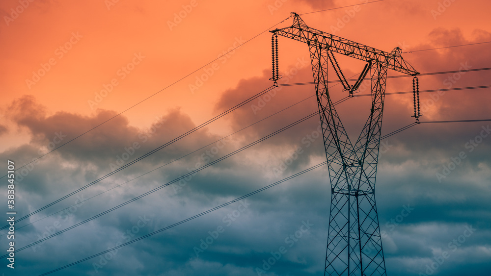 Large electrical tower, power cables on the energy tower.