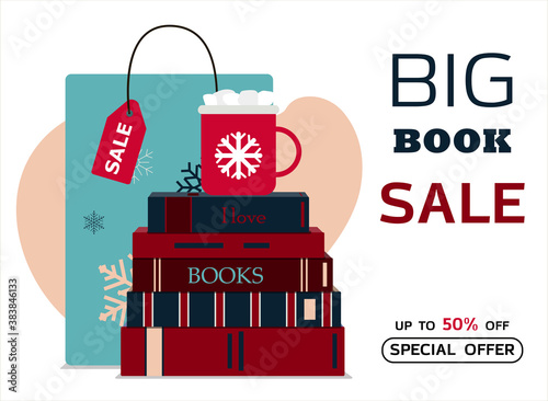 Big book sale. Vector illustration of a stack of books and a Cup of cocoa with marshmallows. Banner for new year s sale, black Friday, or Christmas discounts. Flat design. Bright advertising with a
