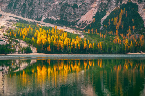 Autumn scenery on Braies Lake, Dolomite Alps, Italy