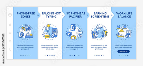 Internet addiction treatment onboarding vector template. Phone-free zone. Earning screen time. Responsive mobile website with icons. Webpage walkthrough step screens. RGB color concept
