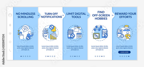 Breaking screen addiction onboarding vector template. No mindless scrolling. Limit digital tools. Responsive mobile website with icons. Webpage walkthrough step screens. RGB color concept