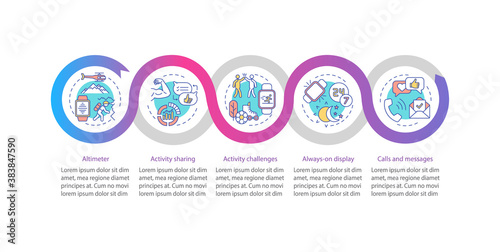 Smartwatch functions vector infographic template. Activity sharing, challenges presentation design elements. Data visualization with 5 steps. Process timeline chart. Workflow layout with linear icons