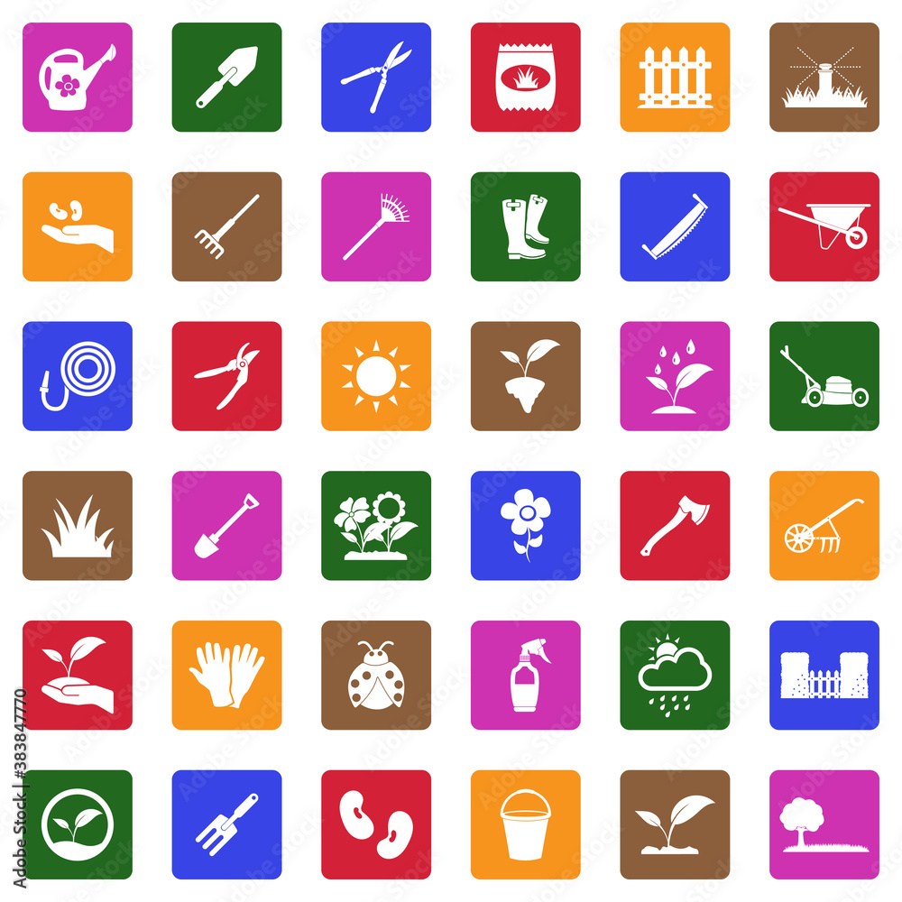 Gardening Icons. White Flat Design In Square. Vector Illustration. Gardening Icons. White Flat Design In Square. Vector Illustration.