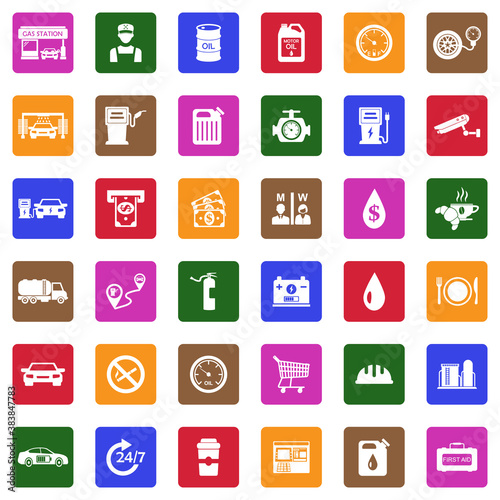 Gas Station Icons. White Flat Design In Square. Vector Illustration.