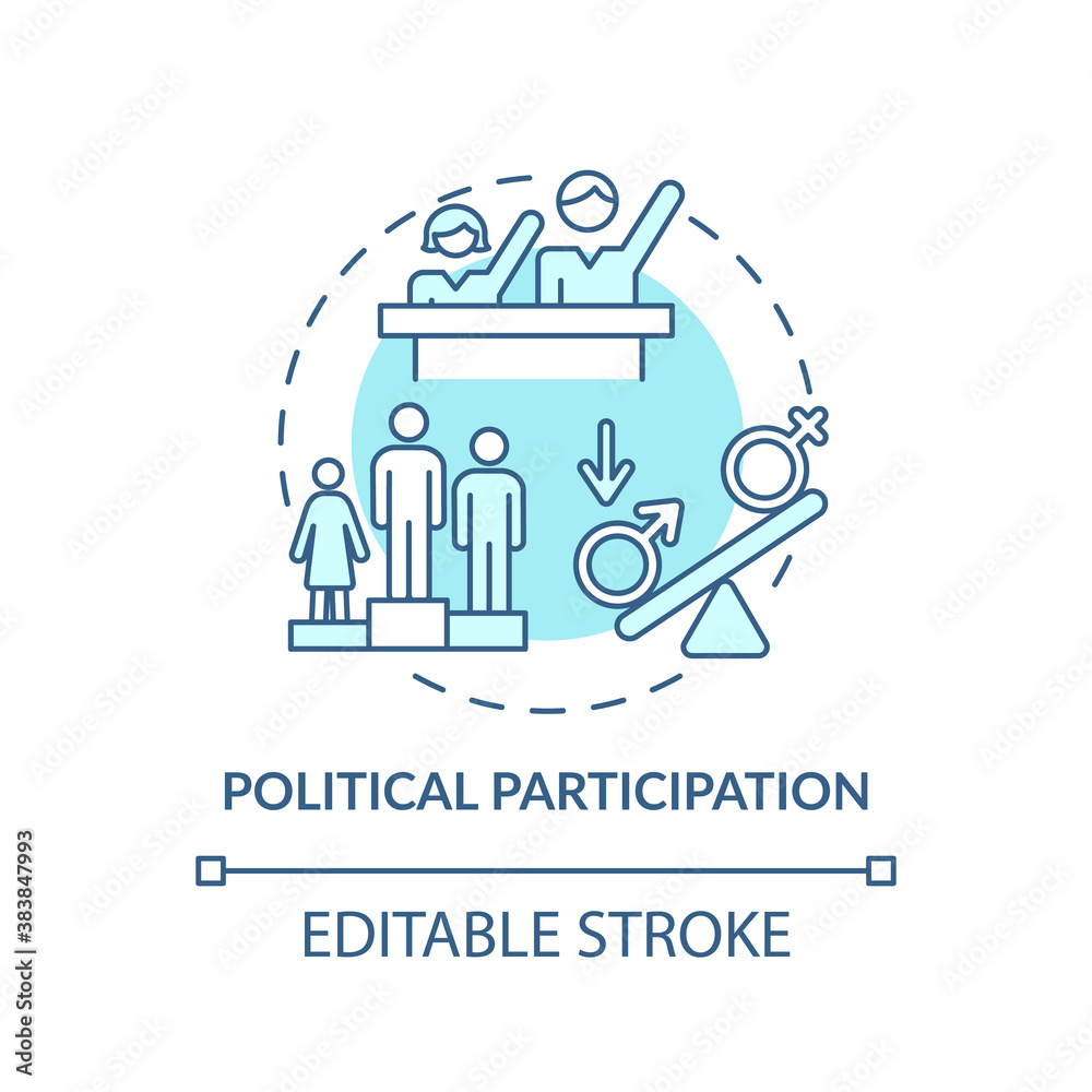 Political participation concept icon. Gender gap criteria. Changing politician people. Election time idea thin line illustration. Vector isolated outline RGB color drawing. Editable stroke