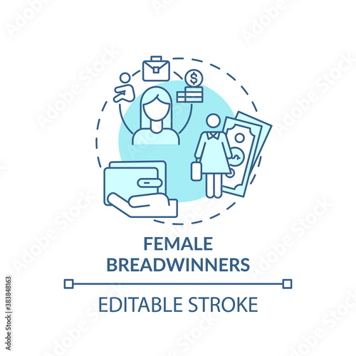 Female breadwinners concept icon. Changing gender roles. Woman working hard lifestyle. Girl money earning idea thin line illustration. Vector isolated outline RGB color drawing. Editable stroke