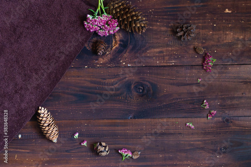 Terry soft brown bath towel, brown cones, pink flowers ochitok lie on a dark old table made of spruce boards, forming a frame with space for text inside. photo