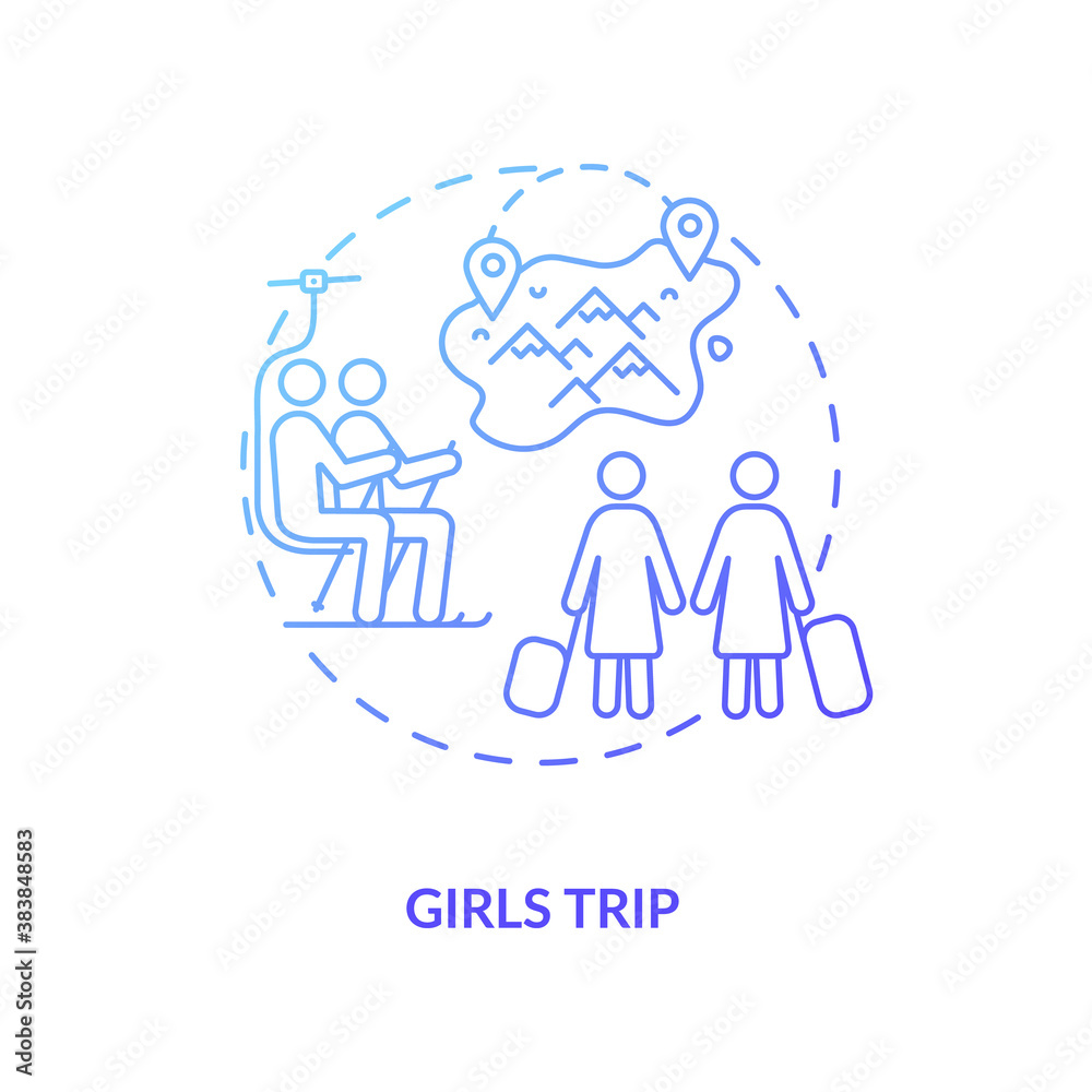 Girls trip concept icon. Winter holiday idea thin line illustration. Girlfriend weekend getaway. Unforgettable adventures for gal pals. Girl-only. Vector isolated outline RGB color drawing Girls trip concept icon. Winter holiday idea thin line illustration. Girlfriend weekend getaway. Unforgettable adventures for gal pals. Girl-only. Vector isolated outline RGB color drawing