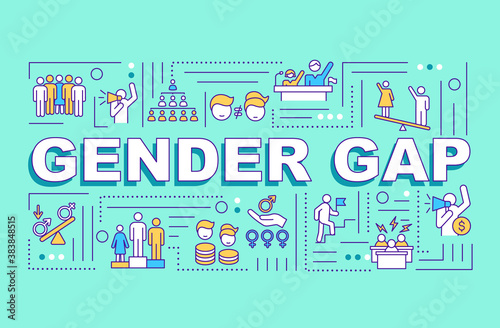 Gender gap word concepts banner. Man and woman inequality in workplace. Infographics with linear icons on turquoise background. Isolated typography. Vector outline RGB color illustration