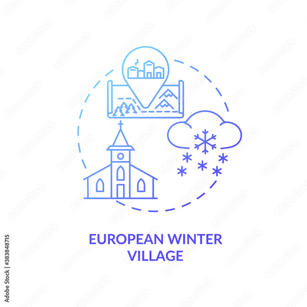 Fototapeta premium European winter village concept icon. Winter vacation destination idea thin line illustration. Christmas idyllic town in Europe. Romantic night out. Vector isolated outline RGB color drawing