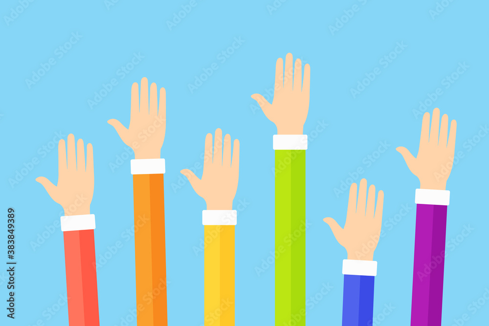 Obraz premium Raised voting hands in colors of the rainbow flag vector flat illustration