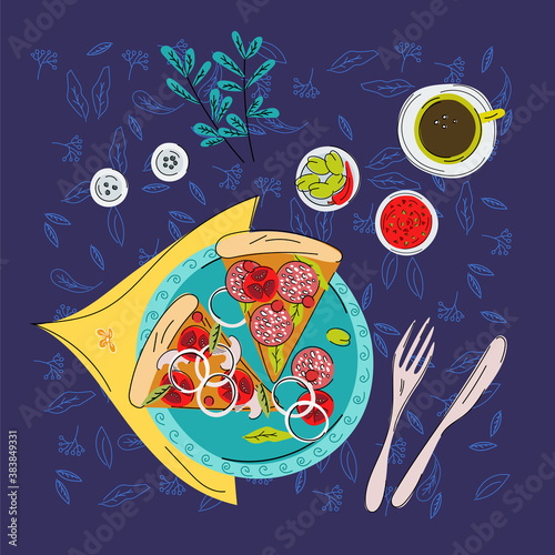 Vector illustration. Food. Plate with pizza. Napkin, cutlery, fork, spoon, salt shaker, pepper shaker. Olives, pepper, sauce. Cup tea or coffee. Sprigs. Tablecloth with floral ornaments. Оnion, tomato