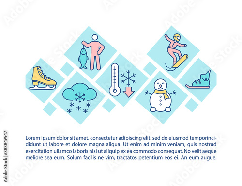 Cold season activities concept icon with text. Snowmaking, snowboarding, and ice fishing. PPT page vector template. Brochure, magazine, booklet design element with linear illustrations