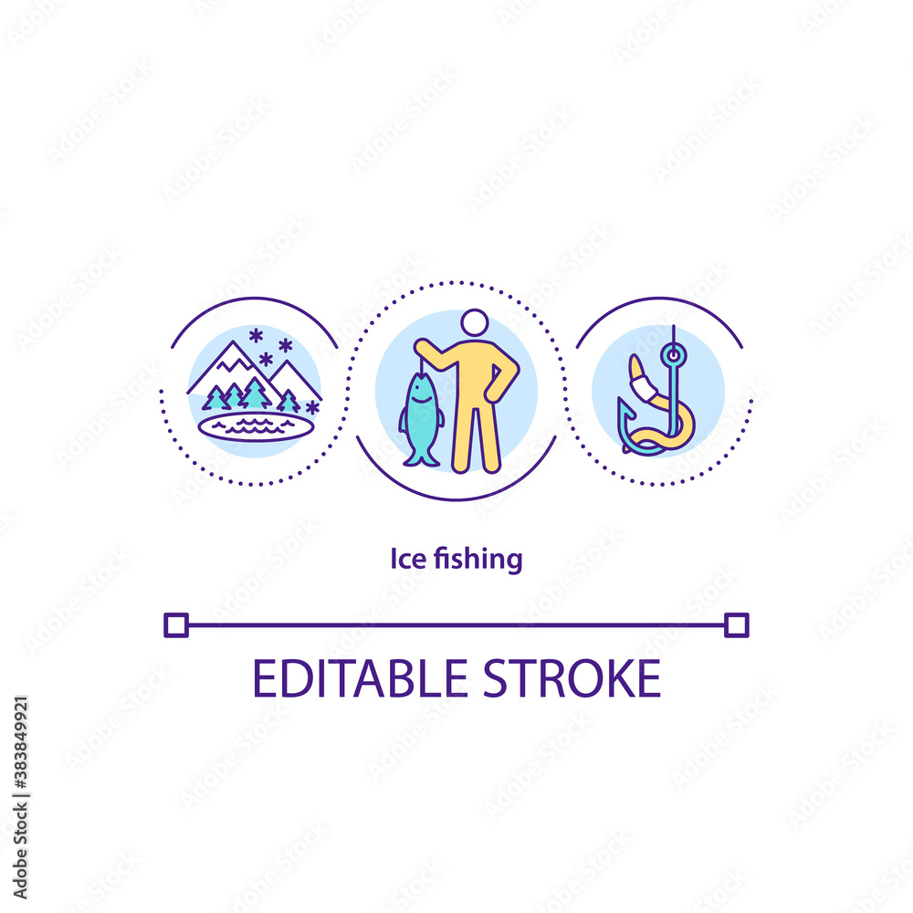 Ice fishing concept icon. Fisherman with catch. Mountain nature. Winter relax time. Winter weekend idea thin line illustration. Vector isolated outline RGB color drawing. Editable stroke Ice fishing concept icon. Fisherman with catch. Mountain nature. Winter relax time. Winter weekend idea thin line illustration. Vector isolated outline RGB color drawing. Editable stroke