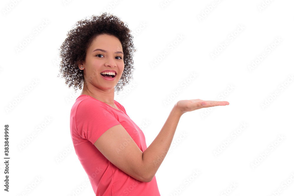 Happy young Brazilian woman showing her right hand, isolated on white background, with space for text. Happy young Brazilian woman showing her right hand, isolated on white background, with space for text.