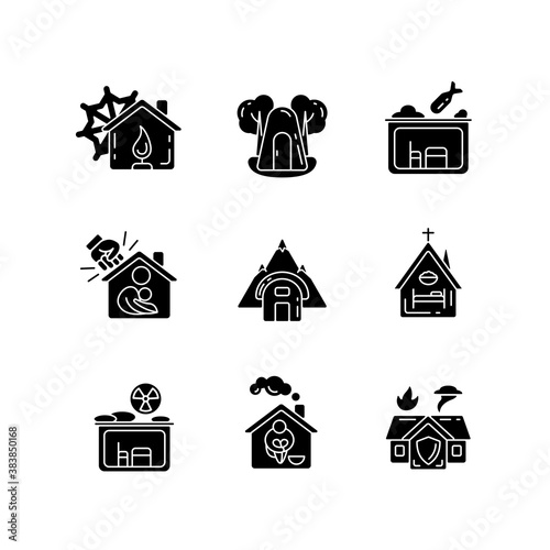 Human shelters black glyph icons set on white space. Temporary residence for homeless people. Night time shelter opportunity. Warming center. Silhouette symbols. Vector isolated illustration