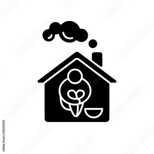 Homeless shelter black glyph icon. Temporary residence for homeless individuals and families. Safety and protection. Supportive housing. Silhouette symbol on white space. Vector isolated illustration