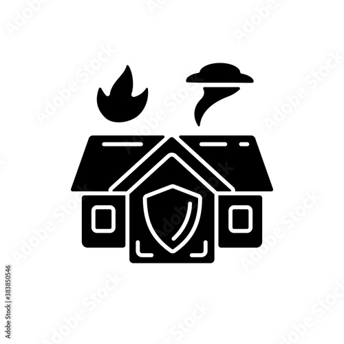 Emergency shelter black glyph icon. Temporary residence. Natural disasters. Domestic violence. Emergency housing assistance. Silhouette symbol on white space. Vector isolated illustration