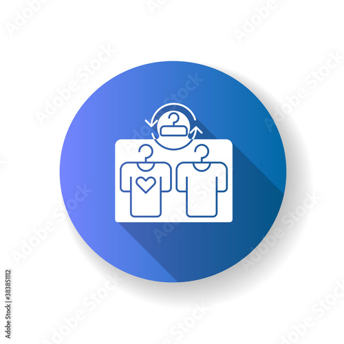 Second hand shop blue flat design long shadow glyph icon. Affordable retail service, budget shopping. Consumerism. Buying, reselling used clothes at low prices. Silhouette RGB color illustration