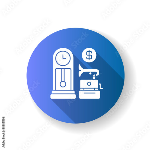Antique store blue flat design long shadow glyph icon. Rare and vintage goods sale. Retail business, consumerism. Business of buying and reselling retro items. Silhouette RGB color illustration