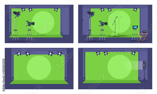 Green screen semi flat vector illustration set. Futuristic movie creation area collection. Inovational film making professional equipment. Filming special effects 2D cartoon objects for commercial use