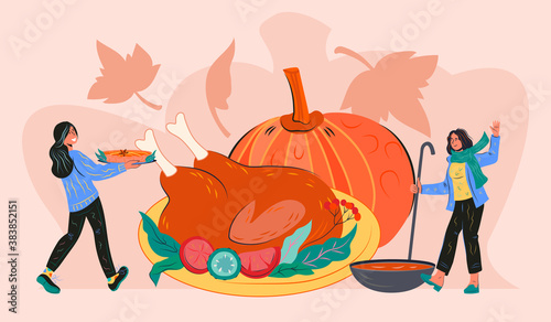 Autumn Thanksgiving or Halloween party or dinner card with cartoon women serving turkey and pumpkin pie, flat vector illustration. Thanksgiving or Halloween autumn food background.