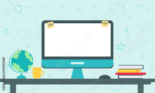 Workplace with computer. Home office concept with monitor, books and cup. Vector illustration in flat style.