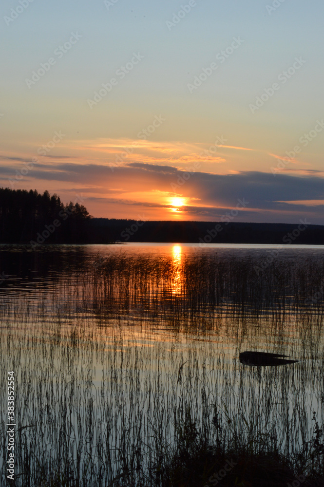 Sunset on the lake. Strong, beautiful colours, clouds and darkening evening. reflection from water and waterplants Sunset on the lake. Strong, beautiful colours, clouds and darkening evening. reflection from water and waterplants