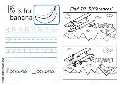 Alphabet tracing worksheet for preschool and kindergarten. Writing practice letter B and educational game for children. Printable page A4