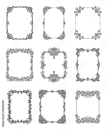 Black Ornate Frames with Filigree Swirls Vector Set