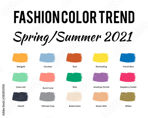 Fashion Color Trend Spring Summer 2021. Trendy colors palette guide. Brush strokes of paint color with names swatches. Easy to edit vector template for your creative designs