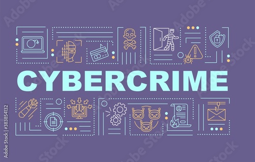 Cybercrime word concepts banner. Cyber attack. Sustem breaking. Infographics with linear icons on purple background. Isolated typography. Vector outline RGB color illustration