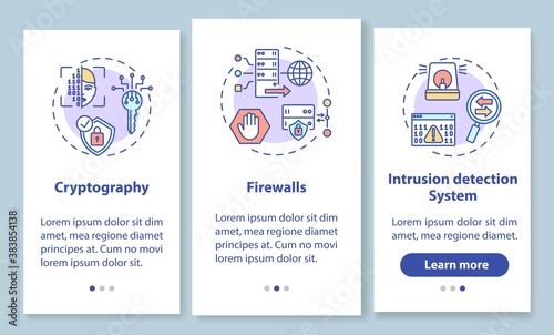 Network security onboarding mobile app page screen with concepts. Cryptography, firewall, intrusion detection walkthrough 3 steps graphic instructions. UI vector template with RGB color illustrations