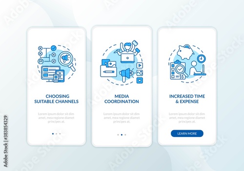 Marketing channel strategy onboarding mobile app page screen with concepts. Social network coordination walkthrough 3 steps graphic instructions. UI vector template with RGB color illustrations