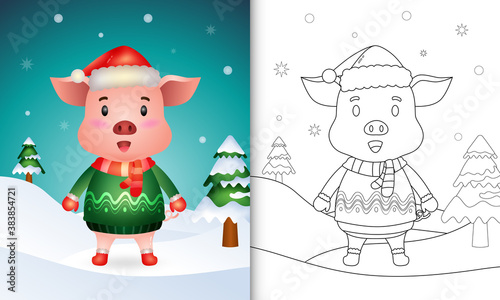 coloring book with a cute pig christmas characters with a santa hat, jacket and scarf