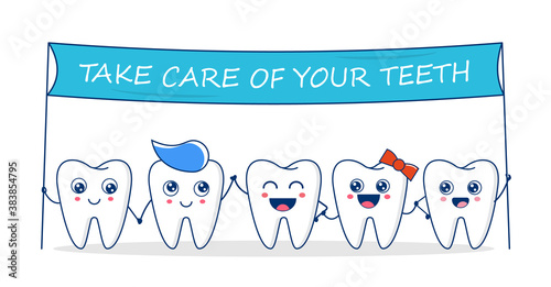 Group of happy smiling teeth. White funny cute characters holding placard with text: Take care of your teeth. Vector illustration