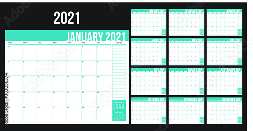 Year 2021 desk calendar vector illustration, simple and clean design. 