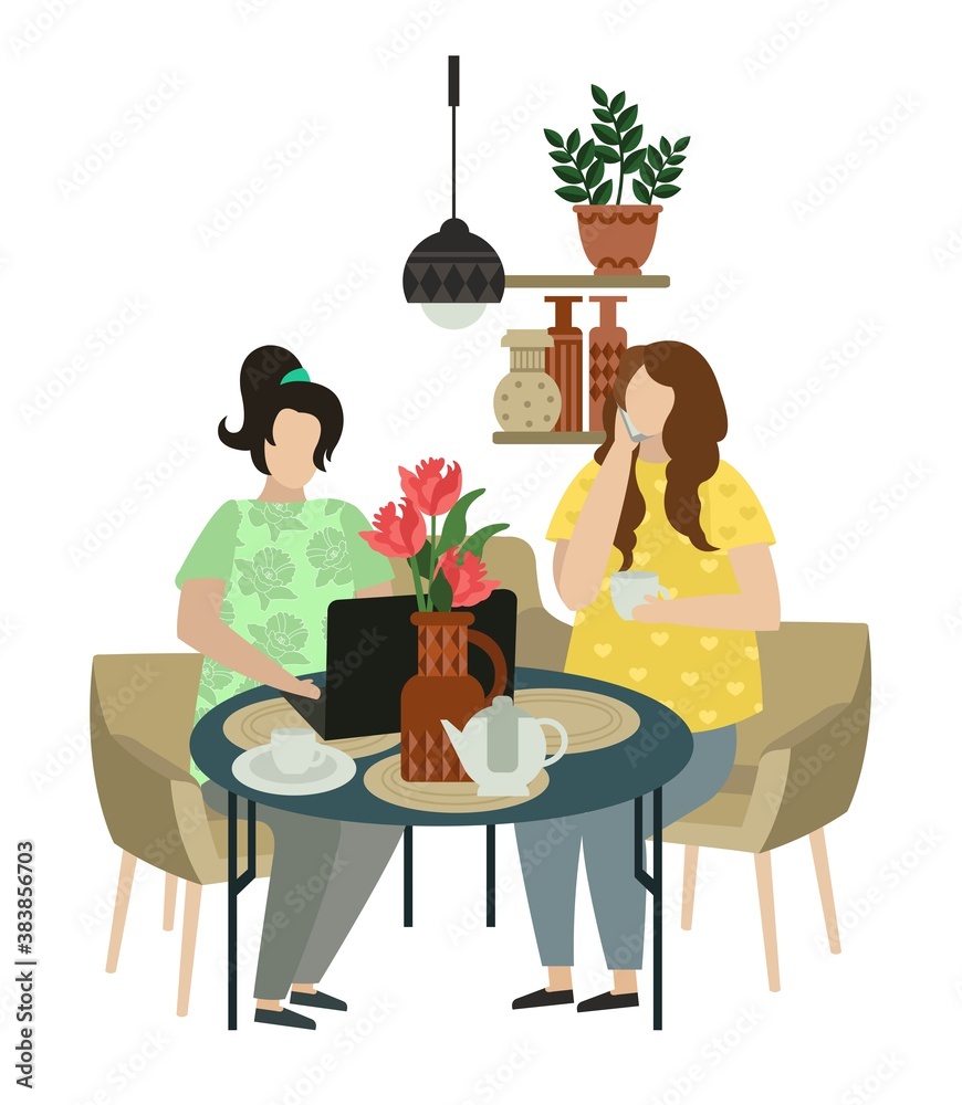 Vector illustration. Two girls chatting in a cafe. Stylish modern interior. We work remotely, freelancer. Lunch break. Template for a greeting card or banner. Vector illustration. Two girls chatting in a cafe. Stylish modern interior. We work remotely, freelancer. Lunch break. Template for a greeting card or banner.