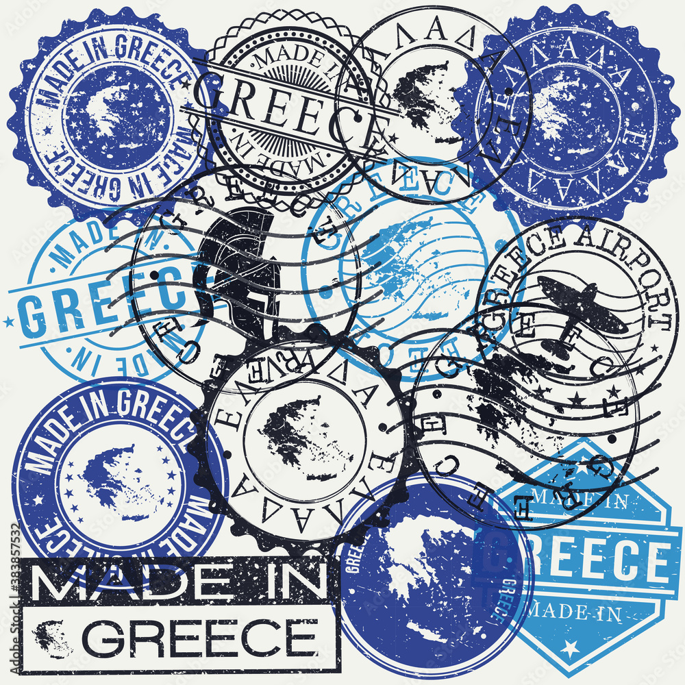 Greece Set of Stamps. Travel Passport Stamp. Made In Product. Design Seals Old Style Insignia. Icon Clip Art Vector. Greece Set of Stamps. Travel Passport Stamp. Made In Product. Design Seals Old Style Insignia. Icon Clip Art Vector.