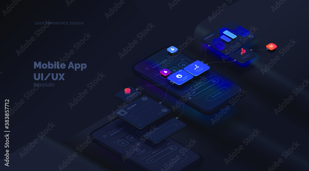 User experience. Smartphone mockup on black background with interactive user interface. The process of creating a mobile application. Website wireframe for mobile apps with active layers and links User experience. Smartphone mockup on black background with interactive user interface. The process of creating a mobile application. Website wireframe for mobile apps with active layers and links