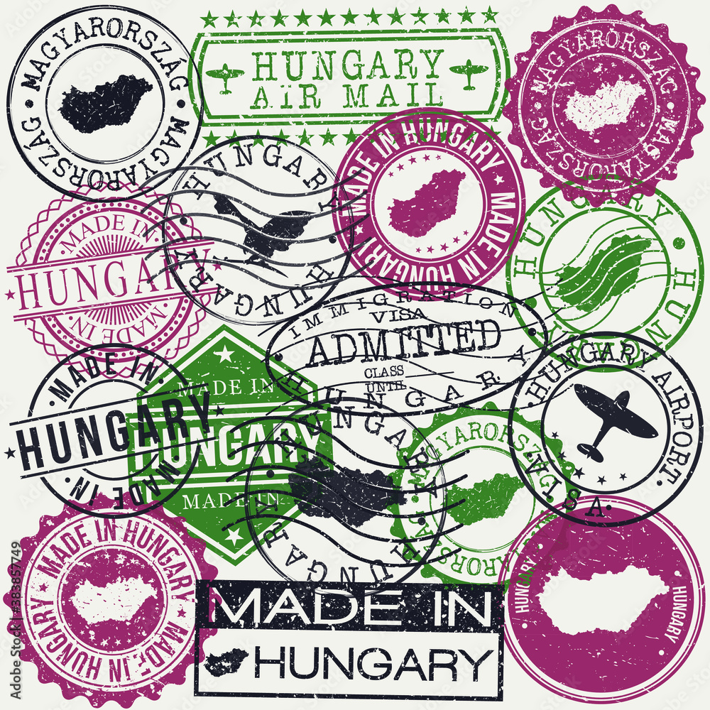 Hungary Set of Stamps. Travel Passport Stamp. Made In Product. Design Seals Old Style Insignia. Icon Clip Art Vector.